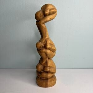 Vintage Hand Carved Wood Weeping Buddha Totem Sculpture Triple Yogi 12 Inches